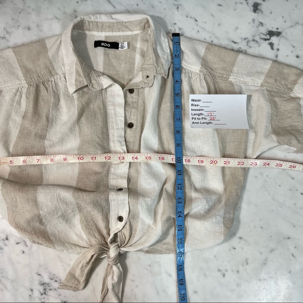 BDG Sz S Crop Top Short Sleeve Linen Blend Vertical Striped Tie - Picture 3 of 5